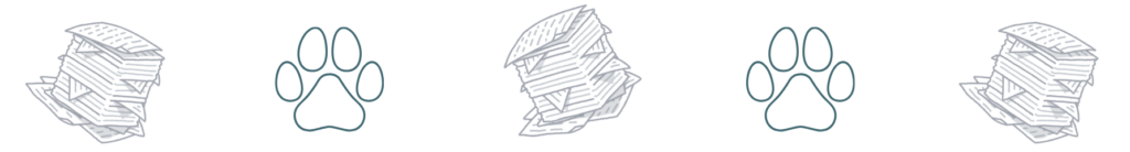 Four alternating paw print outlines and sketchy paper stacks arranged in a linear pattern.