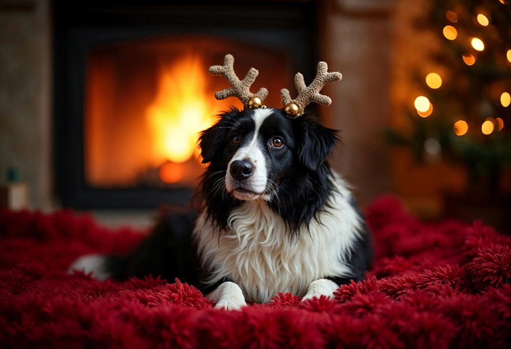 A black and white dog wearing antler headband lies on a red rug in front of a fireplace.