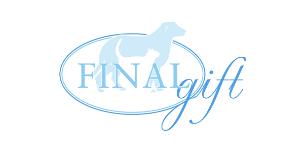 Silhouette of a dog above the words "Final gift" inside an oval.