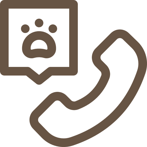 A telephone symbol with a speech bubble containing a paw print.