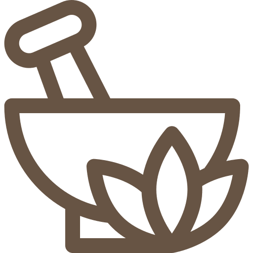 Mortar and pestle with two leaves, symbolizing herbal or natural medicine.