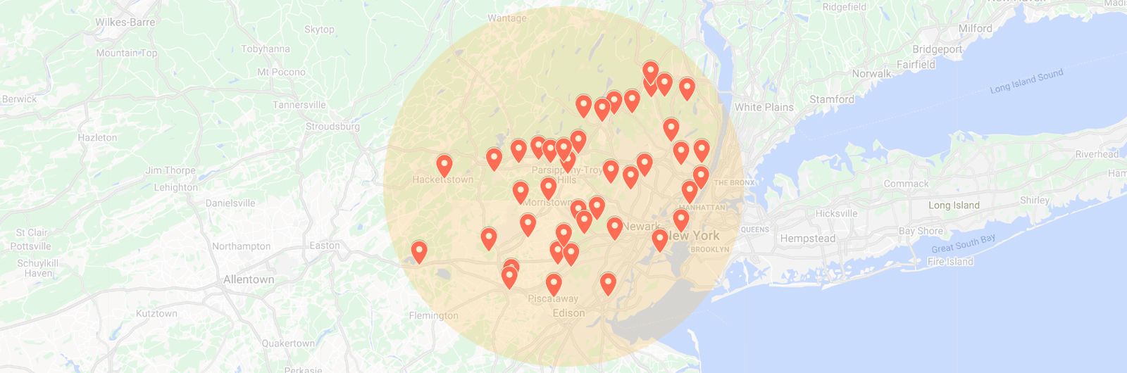 Map showing the New York and New Jersey area with numerous red location markers clustered together.